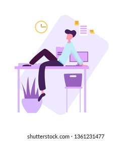 short break in the workplace, office worker resting at the table, vector image, flat design, colorful character