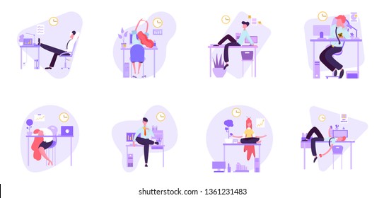 short break in the workplace, office worker resting at the table, vector image, flat design, colorful character, set of illustrations, how different people deal with stress and fatigue at work