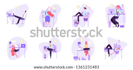 short break in the workplace, office worker resting at the table, vector image, flat design, colorful character, set of illustrations, how different people deal with stress and fatigue at work