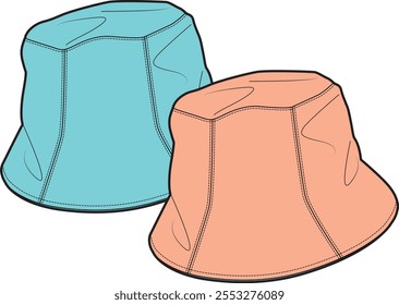 Short brim bucket hat technical flat drawing vector mockup template.