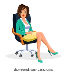 Short brown haired young businesswoman in green blazer, high heel and yellow skirt sitting at rolling office chair with crossed legs. Stylish slim girl is at work. Vector cartoon illustration on white