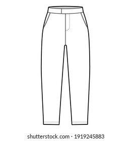 Short capri pants technical fashion illustration with mid-calf length, normal waist, high rise, slashed, flap pocket. Flat breeches bottom template front, white color style. Women, men CAD mockup