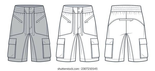 Short Cargo Pants fashion flat technical drawing template. Jogger Short Pants technical fashion Illustration, side pocket,  front and back view, white, mocha color, women, men, unisex CAD mockup set.