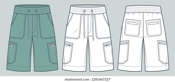 Short Cargo Pants technical fashion Illustration. Bermuda Shorts fashion flat technical drawing template, pocket, elastic waistband, front, back view, white, green, women, men, unisex CAD mockup set. 