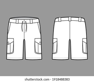 Short cargo technical fashion illustration with mid-thigh length, low waist, rise, slashed, bellows pocket, . Flat Bermuda bottom template front, back, white color style. Women, men CAD mockup