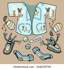 Short children's t-shirt for newborns with fingerless mittens, soft shoes, socks, rattle clothes for babies on a beige background. The pattern on theshort baby's undershirtunder the mask is seamless 