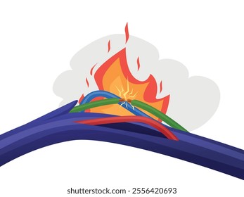 Short circuit background. Broken damaged copper wire with fire flame. Dangerous electrical cable, burning electricity connection or break, nowaday vector background