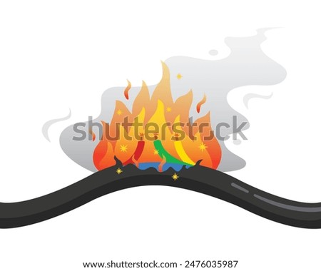 Short circuit burning electrical. Electric short circuit. Fire from overload. Electrical safety concept. 