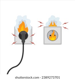 Short circuit electric socket and plug with burning fire and smoke