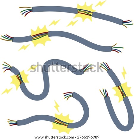 Short circuit, electric wire spark, broken cable damage hazard set. Power energy flash connection, electrical cord light blast. Short circuit industrial technology equipment.