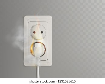 Short circuit in electrical outlet 3d realistic vector with flaming power plug in socket illustration isolated on transparent background. Overloaded electrical wiring, home fires common cause concept