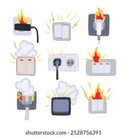 short circuit fire set cartoon. safety prevention, hazard overload, insulation sparks short circuit fire sign. isolated symbol vector illustration