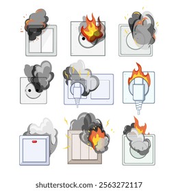 short circuit fire set cartoon. wiring sparks, insulation arcing, breaker current short circuit fire sign. isolated symbol vector illustration