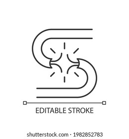 Lineares Kurzschlusssymbol. Spannungsstreaming-Exzess Einheitenschaden. Übermäßiger Stromfluss. Dünne, anpassbare Illustration. Contour-Symbol. Vektor-einzelne Rahmenzeichnung. Bearbeitbarer Hub