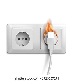 Short circuit realistic vector design with 3d electric outlet on fire. Electrical power double socket and plug with fire flames and smoke, electrical safety, overload and overheat wiring concept