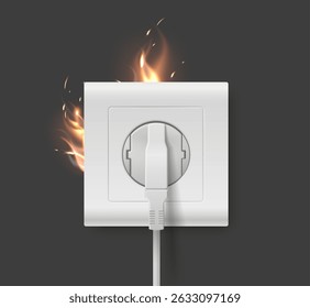 Curto-circuito no soquete com chamas e faíscas devido a fiação sobrecarregada. Acidente com cabo de força doméstico. Plugue de fio realista. Tomada de eletricidade em chamas. Risco e perigo. Choque de sobretensão. Objeto 3D vetorial