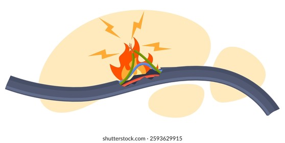 Short circuit in wire with flame. Electrical cord with fire and sparks. Broken voltage cable, digital situation, accident disconnect equipment. Cartoon flat style isolated vector concept