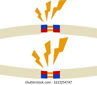 Short Circuit Of Wires. Damaged Blue And Red Cable. Breakdown Of The Appliance. High Voltage. Yellow Lightning And Sparkle. Dangerous Situation