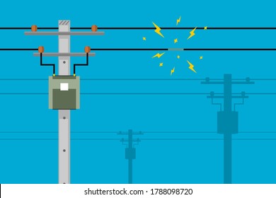 Short circuiting of damaged electrical wires with fire spark on electricity poles and blue background flat vector.