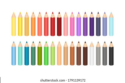 Conjunto de ilustración de lápiz de color corto. Lápices de colores. 32 colores. Colección de lápiz de arco iris vectorial. Conjunto de lápices de colores vectoriales sobre fondo blanco.