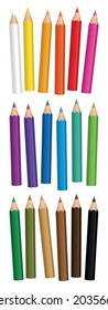 Short crayons - colorful small pencil set, loosely arranged - isolated vector illustration on white background.

