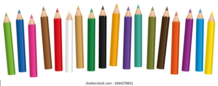 Crayones cortos, colores mixtos, juego de lápiz de bebé, ordenado de forma poco precisa - ilustración vectorial aislada sobre fondo blanco.
