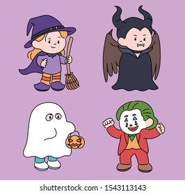 Short and cute characters are wearing Halloween costumes. hand drawn style vector design illustrations. 