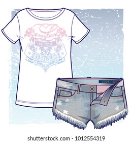 Short denim shorts with unfinished edges and T-shirt with vintage looking eclectic print