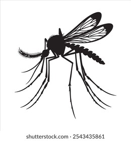 Breve descripción: Esta Ilustración vectorial de alta calidad cuenta con una silueta detallada de un mosquito. El diseño en blanco y negro resalta los intrincados detalles de las alas, las patas y el