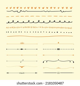 Short dividers.Vector Illustration. Set of text delimiters and ornamental calligraphic lines.16 decorative dividers (design elements)decorative line.cute-doodle-line-border-set
