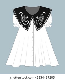 vector de diseño de ropa corta. plantilla de esbozo plano de recorte técnico de vista frontal. mujeres blusa con cad de moda de algodón de encaje vintage. adorno decorativo adorno de adorno de collarín de algodón con bordado en eyelet.