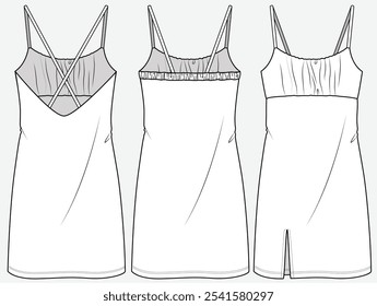 SHORT DRESS WITH GATHERED FRONT PANEL AND BACK DETAIL DESIGNED FOR YOUNG WOMEN AND WOMEN IN VECTOR FILE