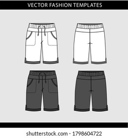 short fashion flat sketch template, Bermuda Shorts Template, Vector Illustration of pant, Men's fashion shorts front and back view