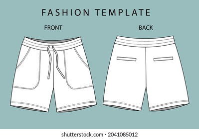 short fashion flat sketch template, Bermuda Shorts Template, Vector Illustration of pant, Men's fashion shorts front and back view