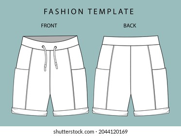 short fashion flat sketch template, Bermuda Shorts Template, Vector Illustration of pant, Men's fashion shorts front and back view