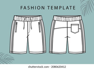 short fashion flat sketch template, Bermuda Shorts Template, Vector Illustration of pant, Men's fashion shorts front and back view