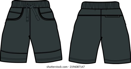 short fashion flat sketch template, Bermuda Shorts Template, Vector Illustration of pant, Men's fashion shorts front and back view