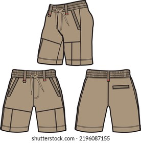 short fashion flat sketch template, Bermuda Shorts Template, Vector Illustration of pant, Men's fashion shorts front and back view