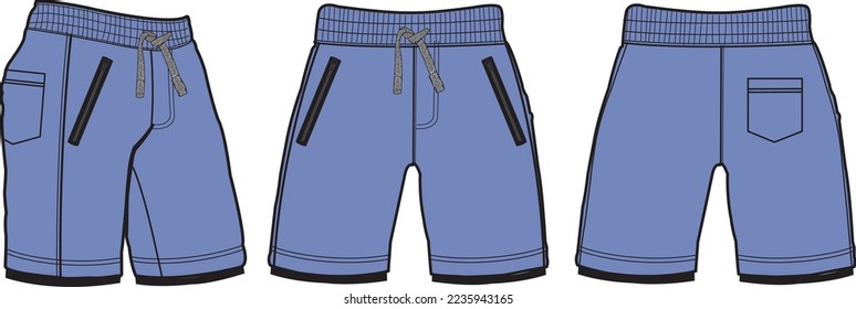 short fashion flat sketch template, Bermuda Shorts Template, Vector Illustration of pant, Men's fashion shorts front and back view