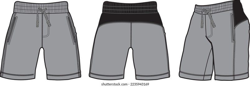 short fashion flat sketch template, Bermuda Shorts Template, Vector Illustration of pant, Men's fashion shorts front and back view