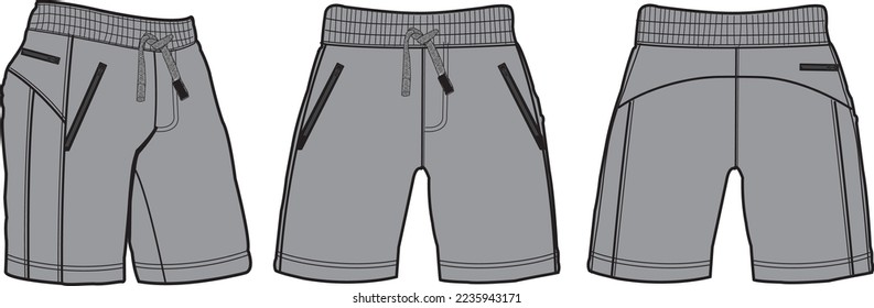 short fashion flat sketch template, Bermuda Shorts Template, Vector Illustration of pant, Men's fashion shorts front and back view