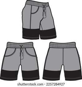 short fashion flat sketch template, Bermuda Shorts Template, Vector Illustration of pant, Men's fashion shorts front and back view