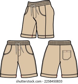 short fashion flat sketch template, Bermuda Shorts Template, Vector Illustration of pant, Men's fashion shorts front and back view