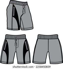 short fashion flat sketch template, Bermuda Shorts Template, Vector Illustration of pant, Men's fashion shorts front and back view