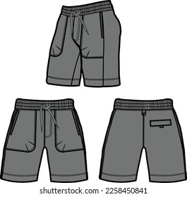 short fashion flat sketch template, Bermuda Shorts Template, Vector Illustration of pant, Men's fashion shorts front and back view