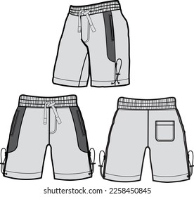 short fashion flat sketch template, Bermuda Shorts Template, Vector Illustration of pant, Men's fashion shorts front and back view
