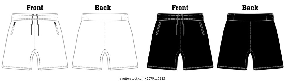 short fashion flat sketch template, Bermuda Shorts Template, Vector Illustration of pant, Men's fashion shorts front and back view Illustration, Vector, CAD, Technical Drawing, Flat Drawing, Template,