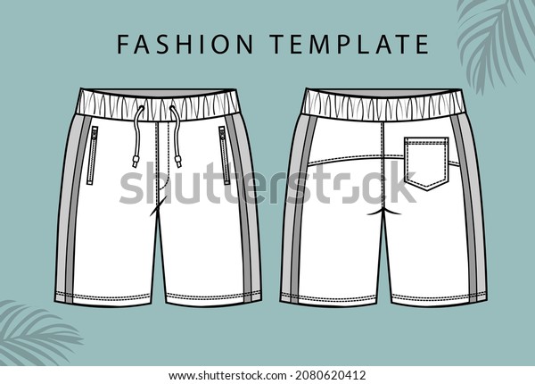 short fashion flat sketch template, Bermuda Shorts\
Template, Vector Illustration of pant, Men\'s fashion shorts front\
and back view