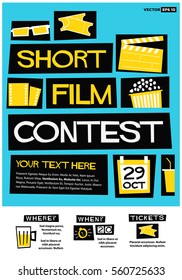 Short Film Contest (Flat Style Vector Illustration Quote Poster Design) Event Invitation with Venue and Time Details