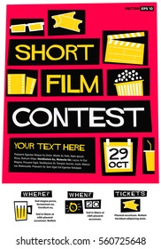 Short Film Contest (Flat Style Vector Illustration Quote Poster Design) Event Invitation with Venue and Time Details